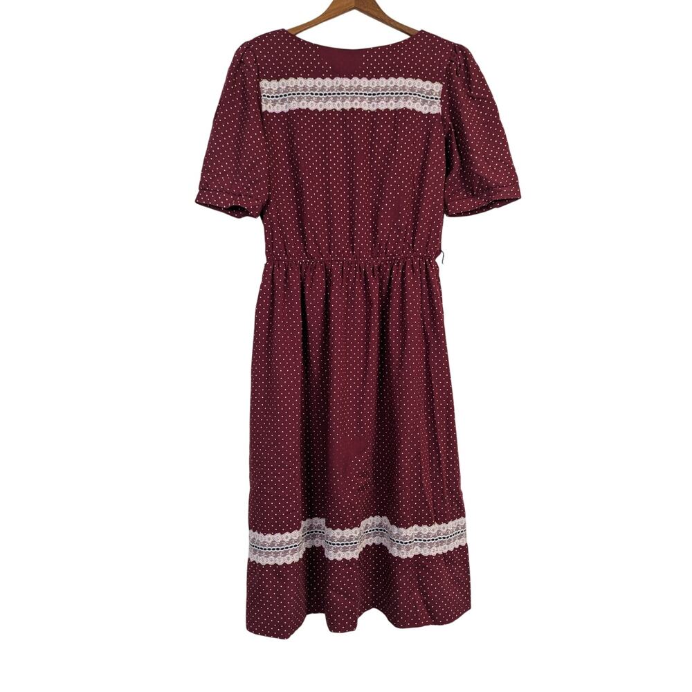 Vtg 1970s Prairie Dress Leslie Fay Polka Dot Lace Cottage Granny Womens Medium